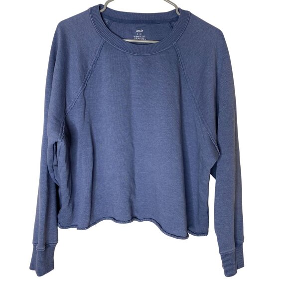 aerie Tops - Aerie L Washed Blue Crop Sweatshirt Raw Hem Crewneck Boxy Fit Athleisure Cozy